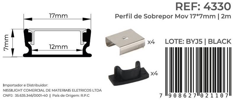 Perfil Sobrepor Nordecor Mov Preto 17x7mm Barra 2 metros 4330