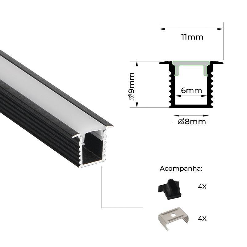 Perfil Embutir Nordecor Lite Preto 11x9mm Barra 2 metros 4310
