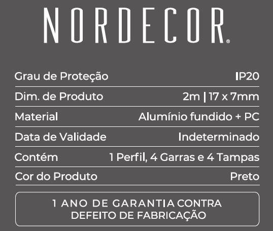Perfil Sobrepor Nordecor Mov Preto 17x7mm Barra 2 metros 4330