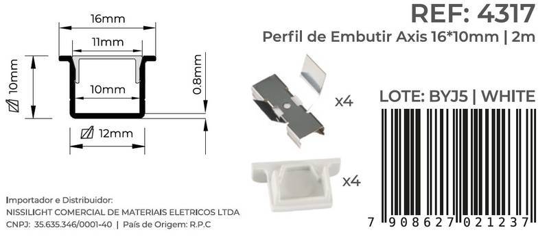 Perfil Embutir Nordecor Axis Branco 16x10mm Barra 2 metros 4317