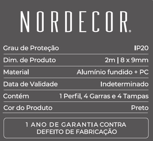 Perfil Sobrepor Nordecor Lite Preto 8x9mm Barra 2 metros 4314