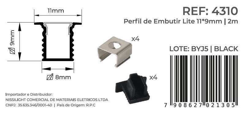 Perfil Embutir Nordecor Lite Preto 11x9mm Barra 2 metros 4310