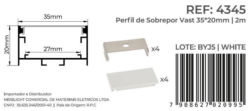 Perfil Sobrepor Nordecor Vast Branco 35x20mm Barra 2 metros 4345