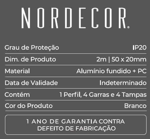 Perfil Embutir Nordecor Vast Branco 50x20mm Barra 2 metros 4341
