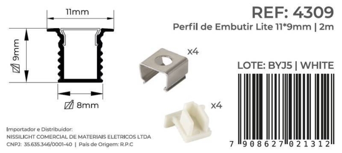 Perfil Embutir Nordecor Lite Branco 11x9mm Barra 2 metros 4309