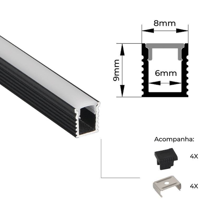Perfil Sobrepor Nordecor Lite Preto 8x9mm Barra 3 metros 4316