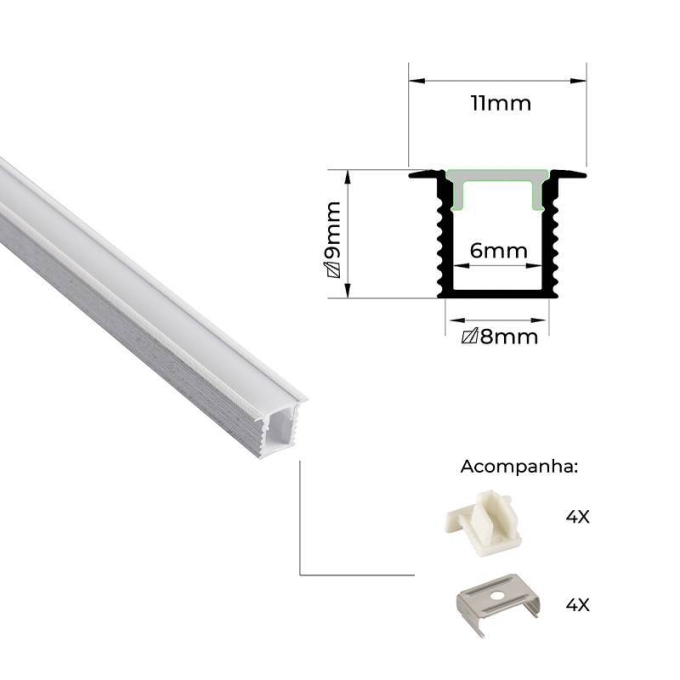 Perfil Embutir Nordecor Lite Branco 11x9mm Barra 2 metros 4309