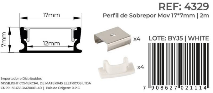 Perfil Sobrepor Nordecor Mov Branco 17x7mm Barra 2 metros 4329