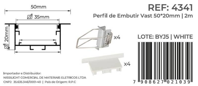 Perfil Embutir Nordecor Vast Branco 50x20mm Barra 2 metros 4341