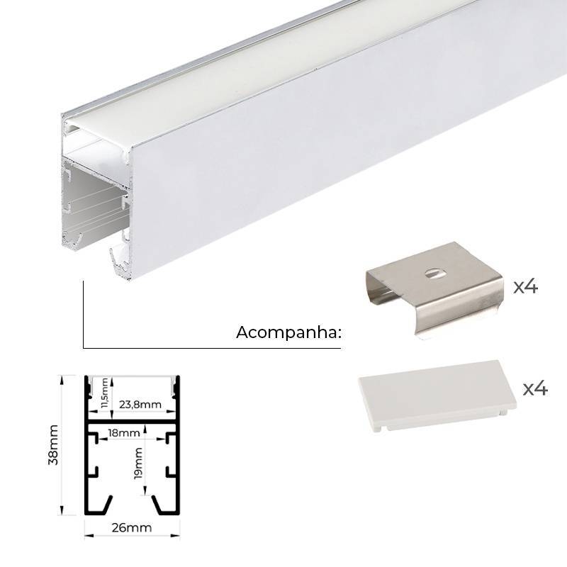 Perfil de Sobrepor Nordecor Fusy Branco 37x26mm Barra de 2 metros Alojamento para Fonte Slim 4290