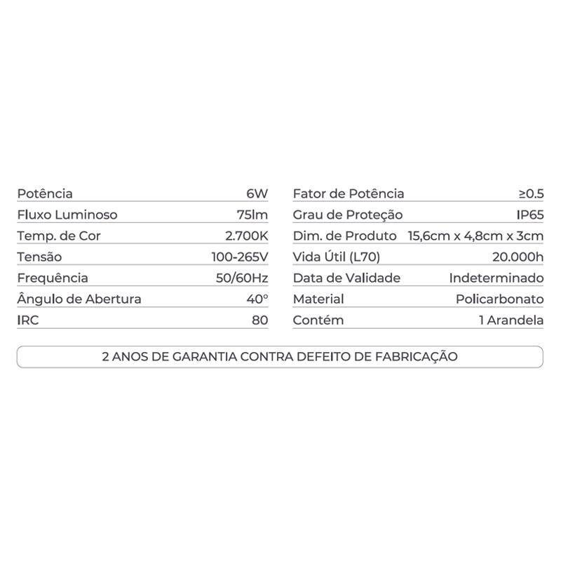Arandela Nordecor Flou Tri 6 watts 2700K 40° IP65 Preto 156x48x30mm 2983