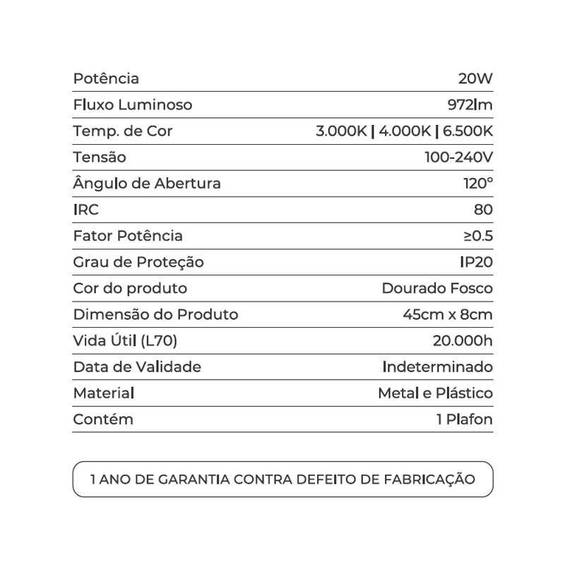 Plafon Nordecor Rivy 20 watts Multitemperatura Dourado 450x80mm 90016