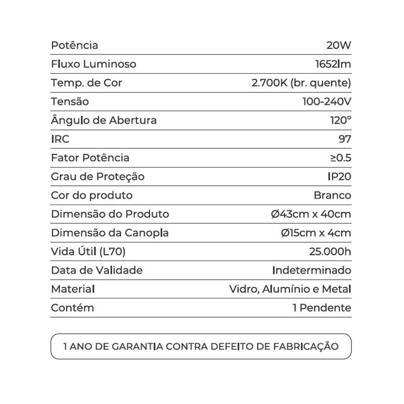 Pendente Nordecor Dommi 20 watts 2700K IRC97 Vidro Branco Ø430x400mm 90000