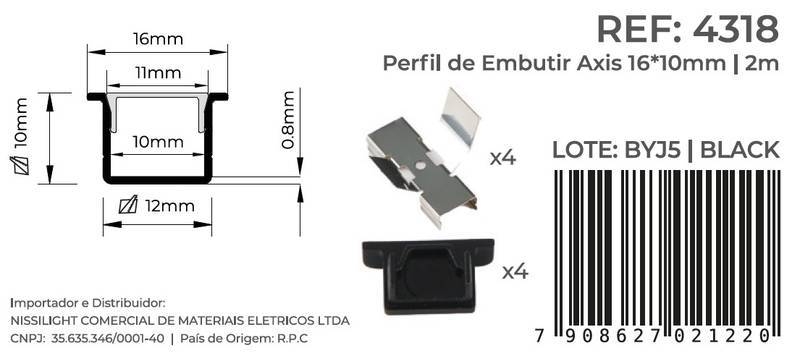 Perfil Embutir Nordecor Axis Preto 16x10mm Barra 2 metros 4318