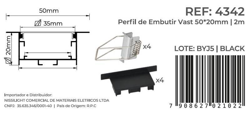 Perfil Embutir Nordecor Vast Preto 50x20mm Barra 2 metros 4342