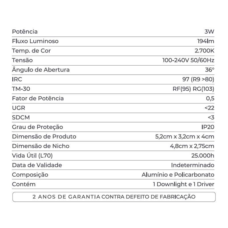 Embutido Nordecor Powerlux 2 Focos 3 watts Branco e Fundo Preto 2700K IRC97 36° Bivolt 52x32x40mm 80001