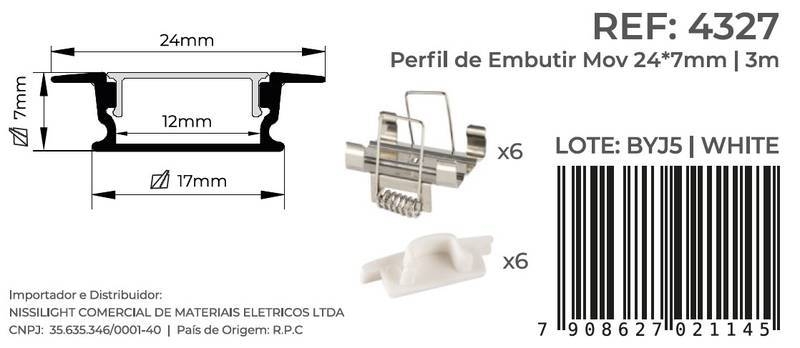 Perfil Embutir Nordecor Mov Branco 24x7mm Barra 3 metros 4327