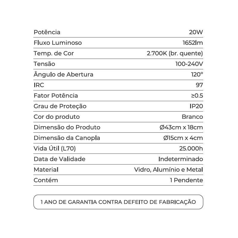 Pendente Nordecor Dommi 20 watts 2700K IRC97 Vidro Branco Ø430x180mm 90003