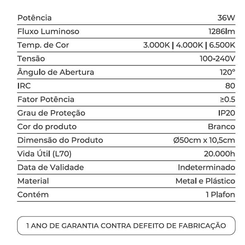 Plafon Nordecor Veta 36 watts Multitemperatura Branco Ø500x105mm 90019