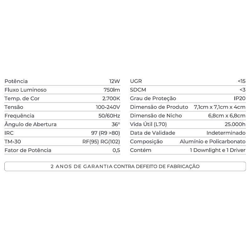 Embutido Nordecor Powerlux 9 Focos 12 watts Preto 2700K IRC97 36° Bivolt 71x71x40mm 80017