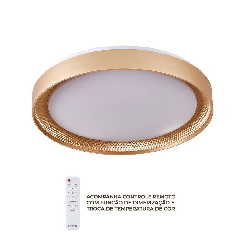 Plafon Nordecor Zyra 33 watts Multitemperatura Dourado Fosco Ø490x70mm 90033