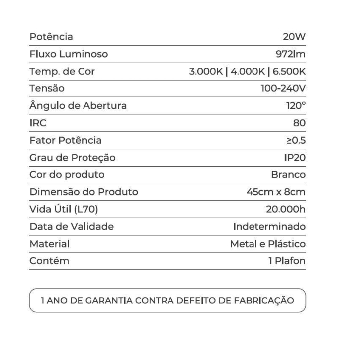 Plafon Nordecor Rivy 20 watts Multitemperatura Branco 450x80mm 90014