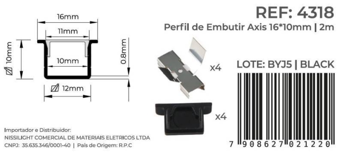 Perfil Embutir Nordecor Axis Preto 16x10mm Barra 2 metros 4318