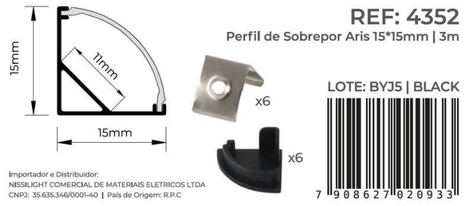 Perfil de Canto Nordecor Aris Preto 15x15mm Barra de 3 metros 4352