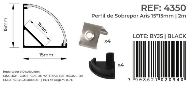 Perfil de Canto Nordecor Aris Preto 15x15mm Barra de 2 metros 4350