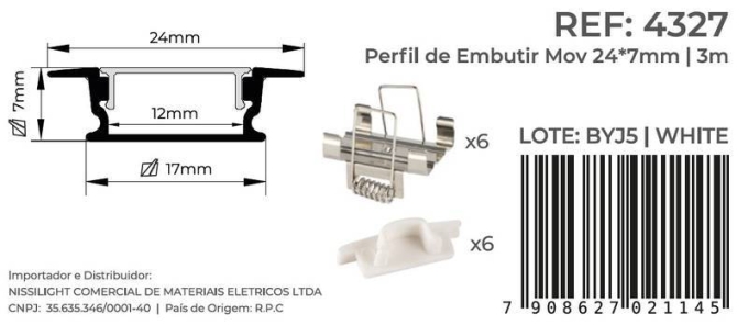 Perfil Embutir Nordecor Mov Branco 24x7mm Barra 3 metros 4327