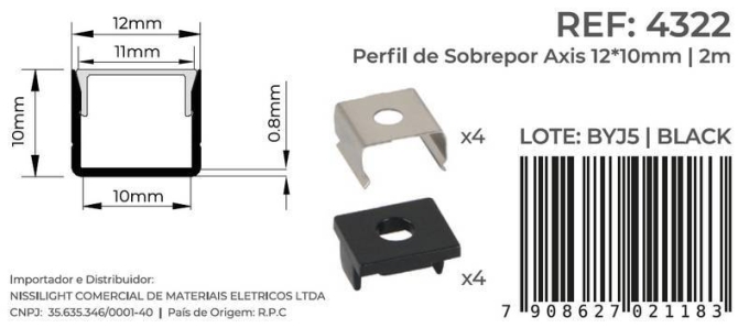 Perfil Sobrepor Nordecor Axis Preto 12x10mm Barra 2 metros 4322