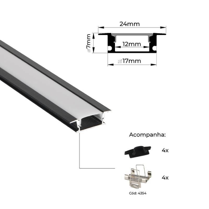 Perfil Embutir Nordecor Mov Preto 24x7mm Barra 2 metros 4326