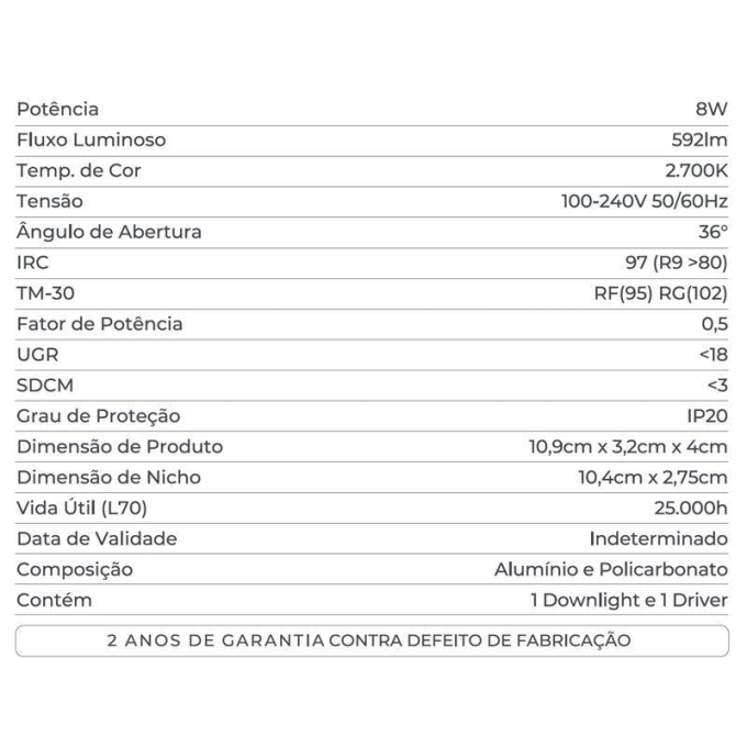 Embutido Nordecor Powerlux 6 Focos 8 watts Preto 2700K IRC97 36° Bivolt 109x32x40mm 80008