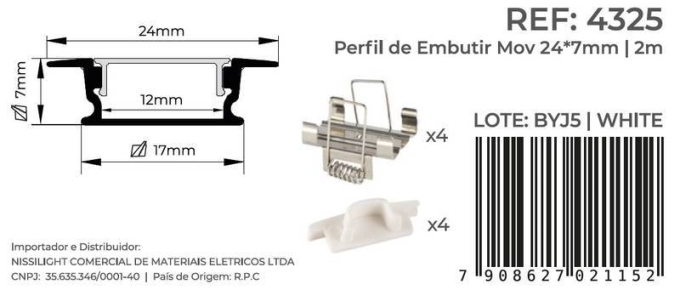 Perfil Embutir Nordecor Mov Branco 24x7mm Barra 2 metros 4325