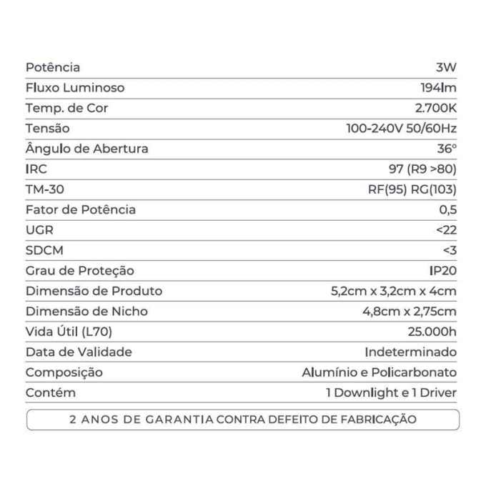 Embutido Nordecor Powerlux 2 Focos 3 watts Preto 2700K IRC97 36° Bivolt 52x32x40mm 80002