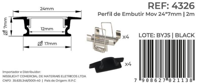Perfil Embutir Nordecor Mov Preto 24x7mm Barra 2 metros 4326