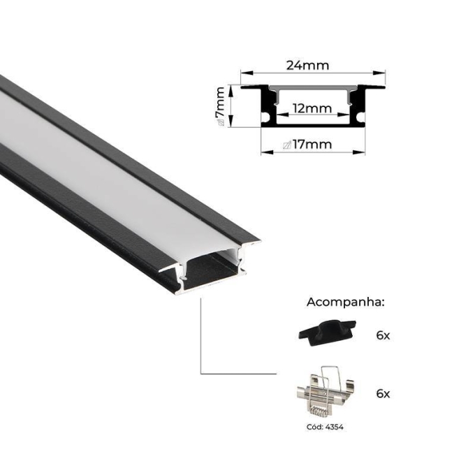 Perfil Embutir Nordecor Mov Preto 24x7mm Barra 3 metros 4328