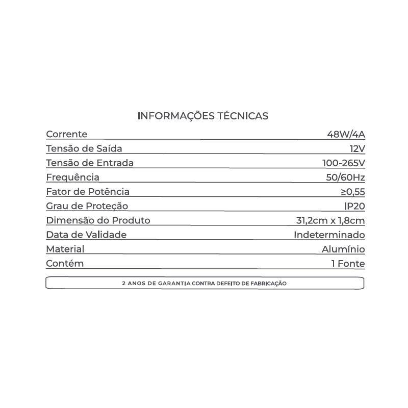 Fonte 12V Slim Nordecor 4A 48 watts IP20  315x25x20mm (Ultra Fina) 7016
