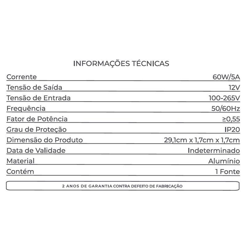 Fonte 12V Slim Nordecor 5A 60 watts IP20 315x25x20mm (Ultra Fina) 7017