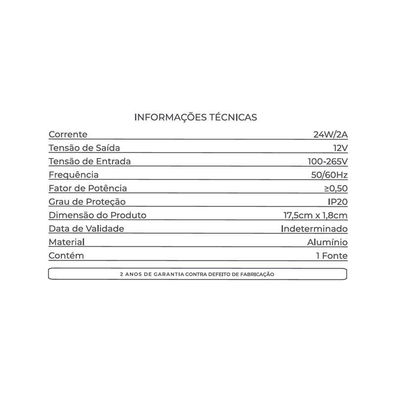 Fonte 12V Slim Nordecor 2A 24 watts IP20 195x25x20mm (Ultra Fina) 7014