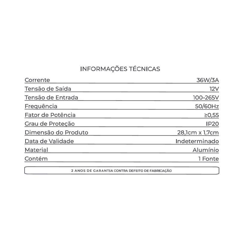 Fonte 12V Slim Nordecor 3A 36 watts IP20  285x25x20mm (Ultra Fina) 7015