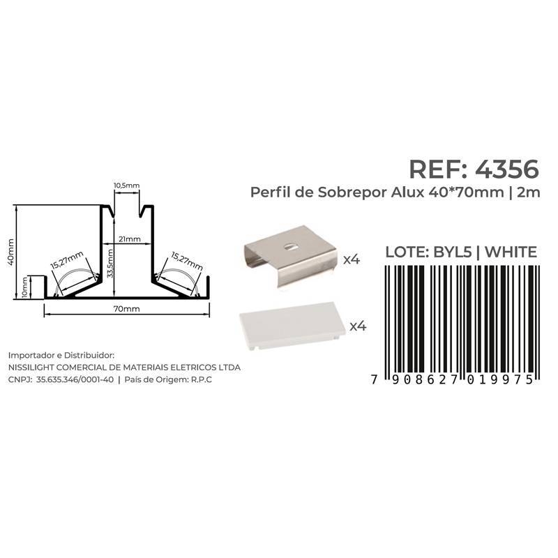Perfil de Sobrepor Nordecor Alux Branco 70x40mm Barra de 2 metros 4356