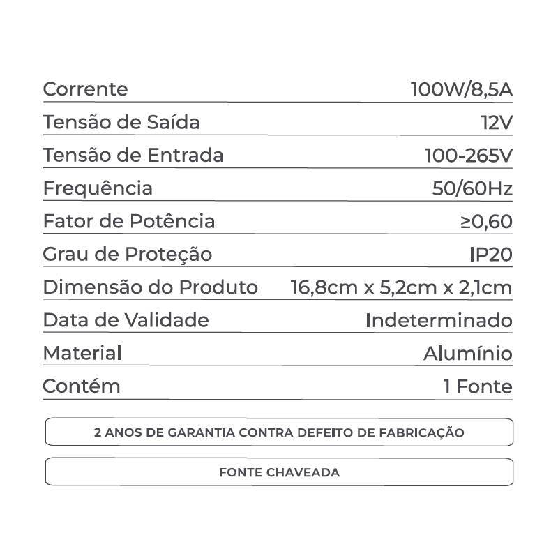 Fonte 12V Nordecor 8,5A 100 watts IP20 Bivolt 168x52x21mm 7042