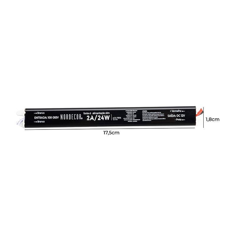 Fonte 12V Slim Nordecor 2A 24 watts IP20 195x25x20mm (Ultra Fina) 7014