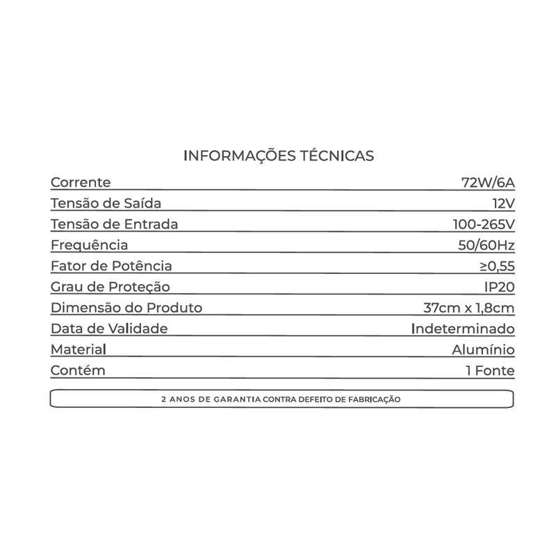 Fonte 12V Slim Nordecor 6A 72 watts IP20 380x25x20mm (Ultra Fina) 7018
