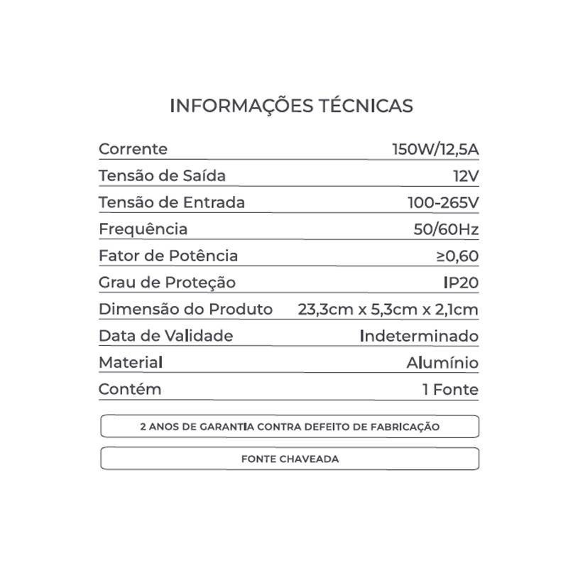 Fonte 12V Nordecor 12,5A 150 watts Bivolt 233x53x21mm 7043