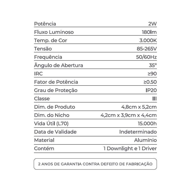 Embutido Nordecor Downlight Powerus Direcional Branco 2 watts 3000K IRC90 35° Bivolt 48x52mm 6968