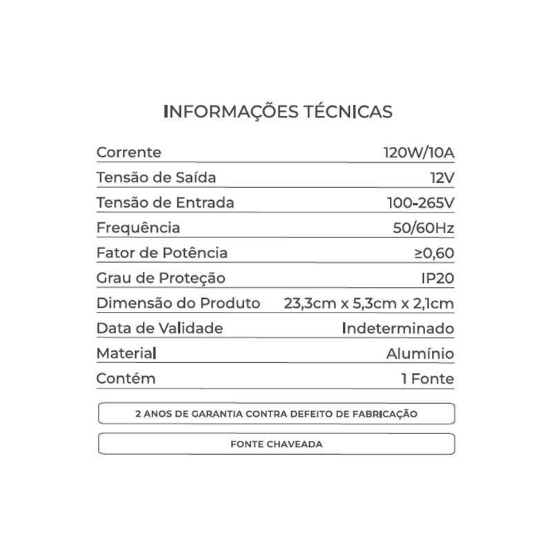 Fonte 12V Nordecor 10A 120 watts Slim IP20 Bivolt 233x53x21mm 7215