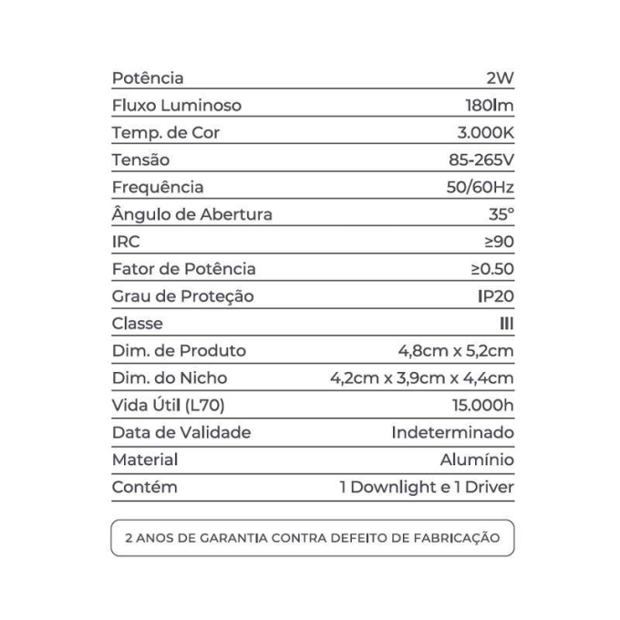 Embutido Nordecor Downlight Powerus Direcional Preto 2 watts 3000K IRC90 35° Bivolt 48x52mm 6969