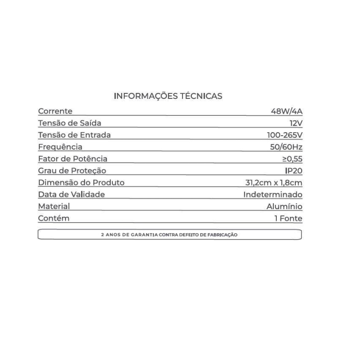 Fonte 12V Slim Nordecor 4A 48 watts IP20  315x25x20mm (Ultra Fina) 7016
